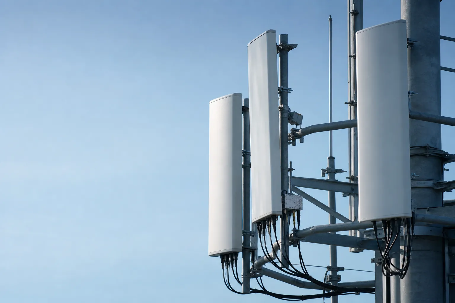 Antennpaneler på en telekommast mot klar himmel